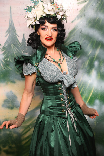 Petite Vixen Corset w/Ruffles in Verdant Matte & Satin Stripe- Day 6 of 12 Days of Damsel Christmas 2025