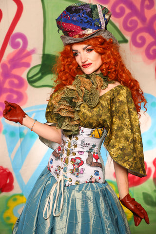Wench Corset in Sea Foam Velvet with Alice in Wonderland Panels - The "Twisted Tea Party" Collection