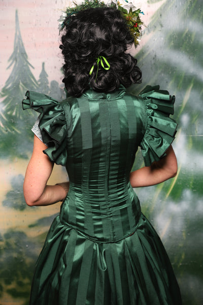 Petite Vixen Corset w/Ruffles in Verdant Matte & Satin Stripe- Day 6 of 12 Days of Damsel Christmas 2025