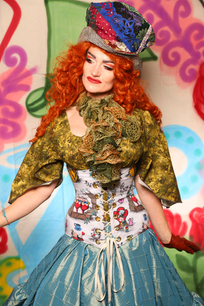 Wench Corset in Sea Foam Velvet with Alice in Wonderland Panels - The "Twisted Tea Party" Collection