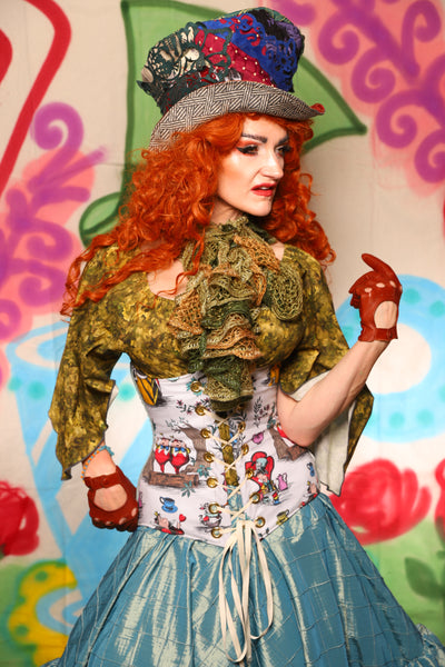 Wench Corset in Sea Foam Velvet with Alice in Wonderland Panels - The "Twisted Tea Party" Collection