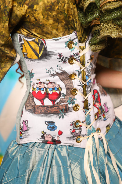 Wench Corset in Sea Foam Velvet with Alice in Wonderland Panels - The "Twisted Tea Party" Collection