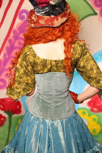 Wench Corset in Sea Foam Velvet with Alice in Wonderland Panels - The "Twisted Tea Party" Collection