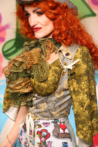Cropped Dapper Vixen in Pale Blue & Gold Floral Damask - The "Twisted Tea Party" Collection