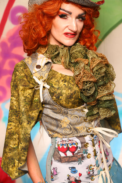Cropped Dapper Vixen in Pale Blue & Gold Floral Damask - The "Twisted Tea Party" Collection
