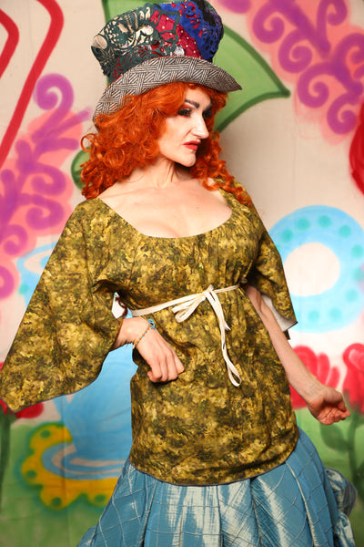 Classic Blouse w/ Leaf Sleeves in Olive  Foliage Cotton - The "Twisted Tea Party" Collection