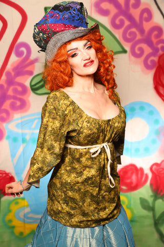 Classic Blouse w/ Leaf Sleeves in Olive  Foliage Cotton - The "Twisted Tea Party" Collection