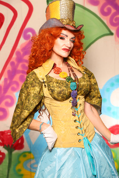 Vixen Corset in Flocked Yellow Floral w/Collar - The "Twisted Tea Party" Collection