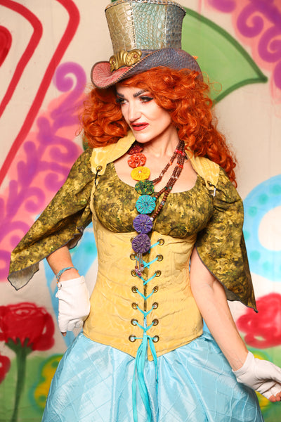 Vixen Corset in Flocked Yellow Floral w/Collar - The "Twisted Tea Party" Collection