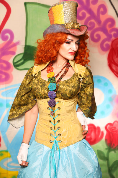 Vixen Corset in Flocked Yellow Floral w/Collar - The "Twisted Tea Party" Collection