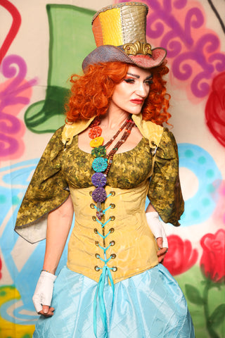Vixen Corset in Flocked Yellow Floral w/Collar - The "Twisted Tea Party" Collection