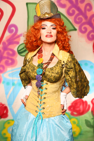 Vixen Corset in Flocked Yellow Floral w/Collar - The "Twisted Tea Party" Collection