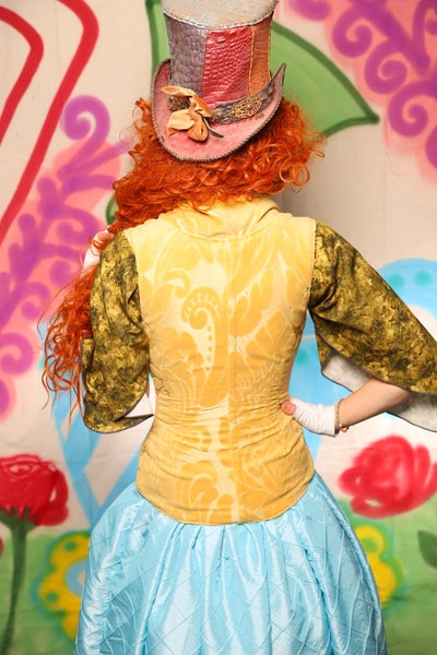 Vixen Corset in Flocked Yellow Floral w/Collar - The "Twisted Tea Party" Collection