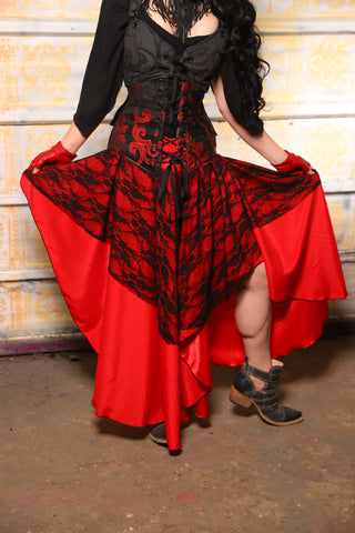 Double Layer Crescent Skirt in Lipstick Crepe Satin with Mini Black Lace Crescent  - Hi-Lo Skirt with Flowing Sides (Drawstring Waist)- TTS