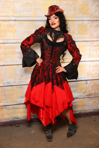 Double Layer Gothic Fairy Skirt in Lipstick Crepe Satin with Black Lace Overlay - Witchy, Flirty, Fierce, Gothic, Enchantress looks - TTS