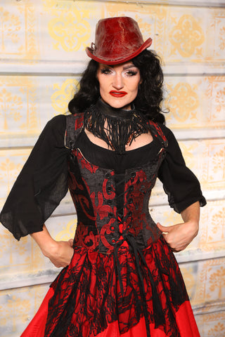 Maiden Bodice in Black & Red Grace Chenille – Petite-Length Front-Lacing Renaissance Corset with Shoulder Straps - TTS
