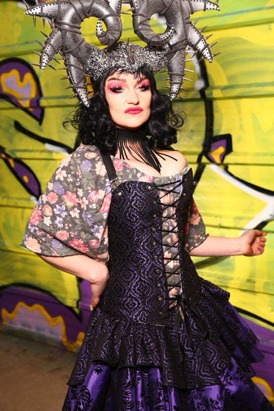 02-Aurora Corset in Black & Purple Scroll Medallion -"The Violet Hour Collection"