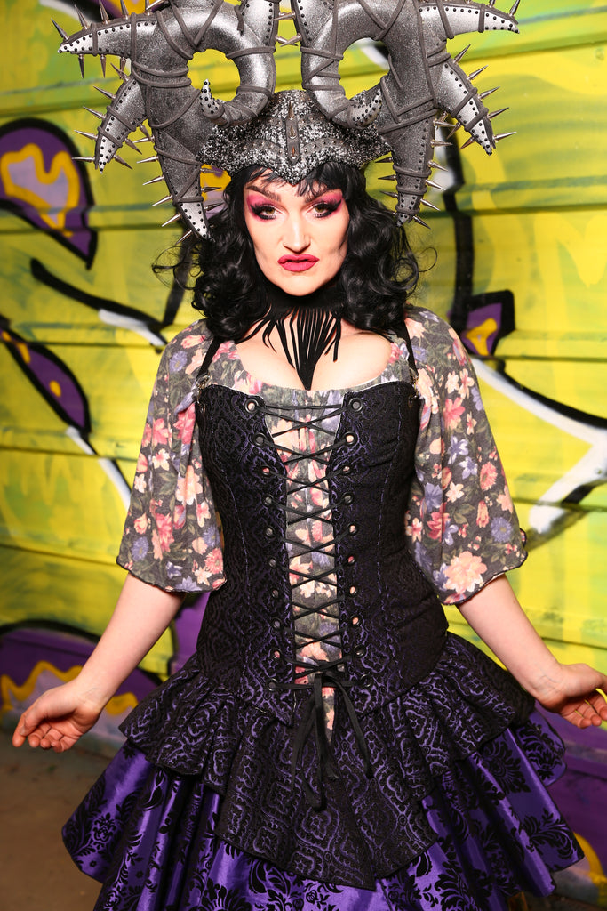 02-Aurora Corset in Black & Purple Scroll Medallion -The Violet Hour  Collection