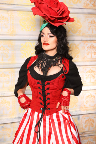 Maiden Bodice in Red Swirl Brocade – Petite-Length Front-Lacing Renaissance Corset with Shoulder Straps - TTS