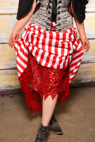 Swoon Skirt with Red Lace Ruffle in Swashbukle Stripe Satin – Full-Length Pleated Skirt for Festivals, Balls & Dramatic Entrances - TTS