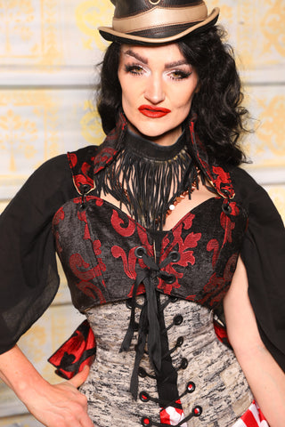 Cropped Courtier Corset in Black & Red Grace Chenille – Sweetheart Neckline with Wren Tail (Steel Boned, Bust-Lifting Magic) - TTS