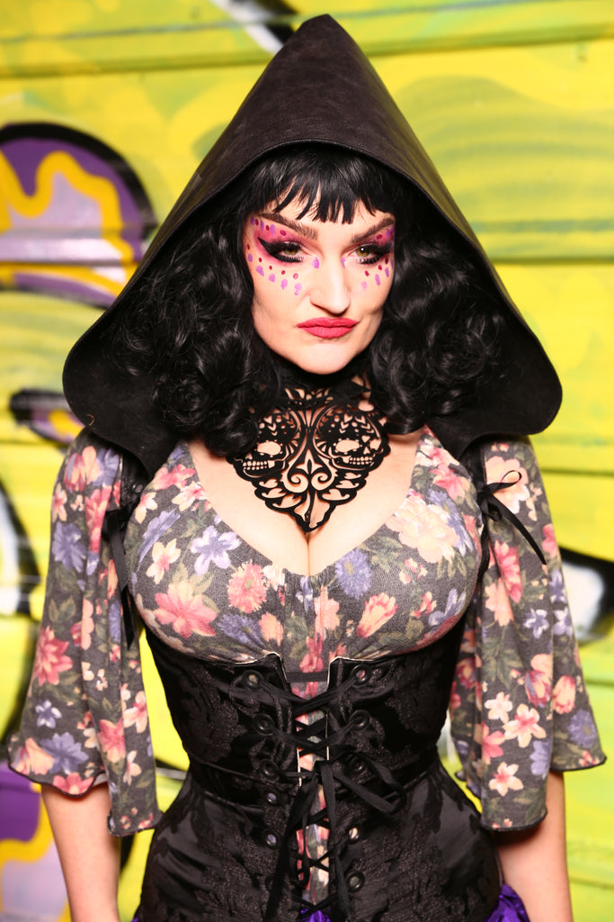 30-Cropped Vixen in Black Damask Jacquard with Faux leather Hood - "The Violet Hour" Collection