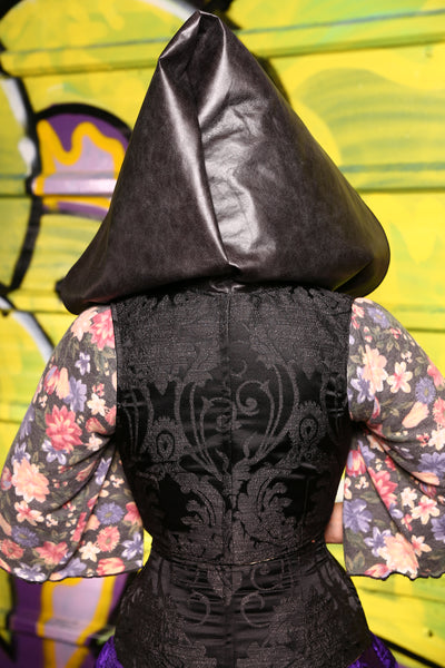 30-Cropped Vixen in Black Damask Jacquard with Faux leather Hood - "The Violet Hour" Collection