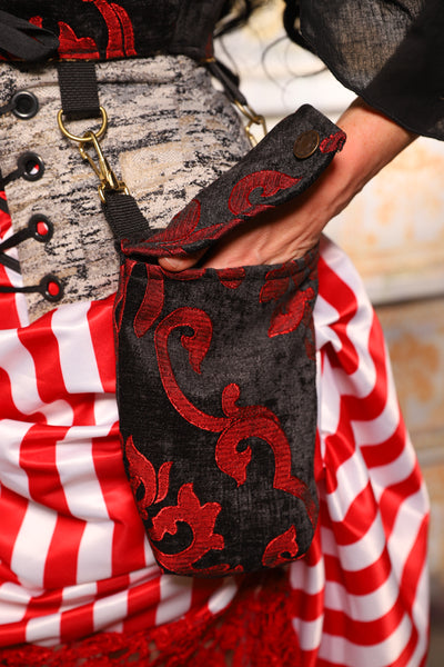 Set of Utility Pockets in Black & Red Grace Chenille - Renaissance Belt Pouches (with Hooks!) - TTS