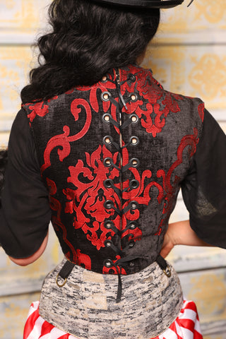 Duality Cropped Corset w/Back Lacing in Black & Red Grace Chenille – Front & Back Lacing Vest-Style Corset with Collar + Hardware Hooks - TTS