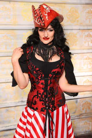 Courtier Corset in Red & Black Grace Chenille – Overbust Corset with Collar & Straps | Renaissance Faire, LARP, Cosplay - TTS