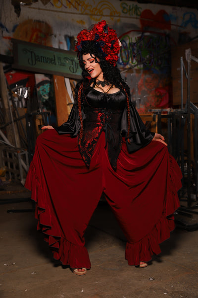 19. Flutterfall Trousers in Crimson Matte Reverse Crepe Satin - The Artemis Collection