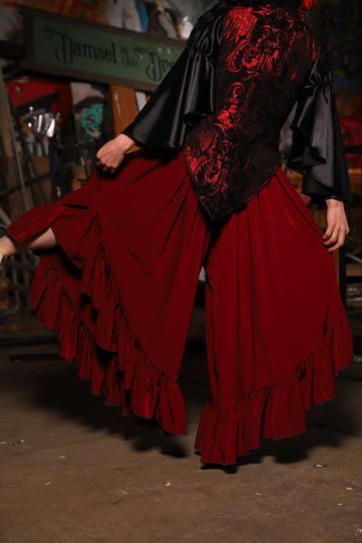 19. Flutterfall Trousers in Crimson Matte Reverse Crepe Satin - The Artemis Collection
