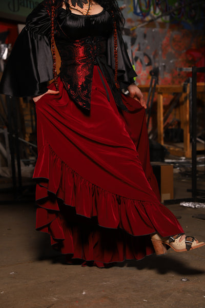 19. Flutterfall Trousers in Crimson Matte Reverse Crepe Satin - The Artemis Collection