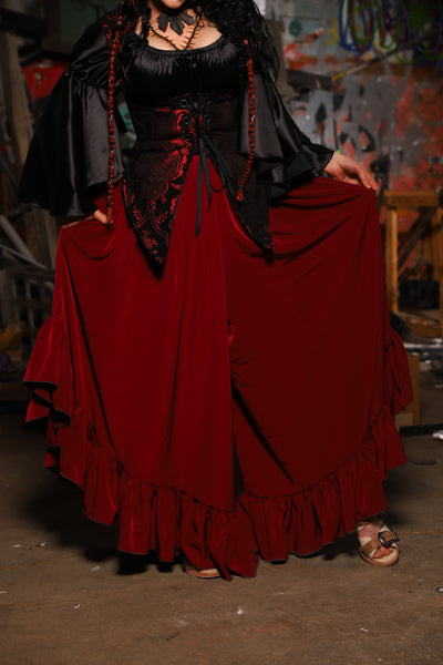 19. Flutterfall Trousers in Crimson Matte Reverse Crepe Satin - The Artemis Collection