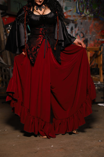 19. Flutterfall Trousers in Crimson Matte Reverse Crepe Satin - The Artemis Collection