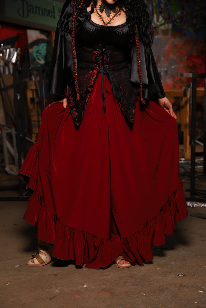 19. Flutterfall Trousers in Crimson Matte Reverse Crepe Satin - The Artemis Collection