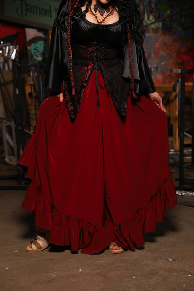 19. Flutterfall Trousers in Crimson Matte Reverse Crepe Satin - The Artemis Collection
