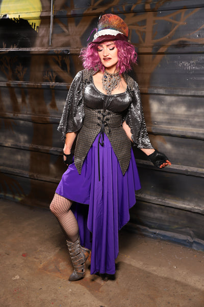 37. Crescent Skirt in Royal Purple Crepe Satin - THE HEXES, HEMS & HYSTERIA COLLECTION
