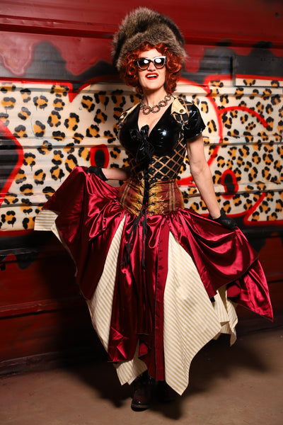 17. Fairy Skirt in Garnet Satin *Shown Layered over Cream Pin Stripe Fairy Skirt* - The Lipstick and Caviar Collection
