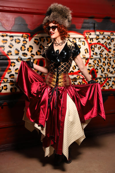 17. Fairy Skirt in Garnet Satin *Shown Layered over Cream Pin Stripe Fairy Skirt* - The Lipstick and Caviar Collection