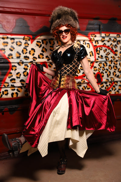17. Fairy Skirt in Garnet Satin *Shown Layered over Cream Pin Stripe Fairy Skirt* - The Lipstick and Caviar Collection