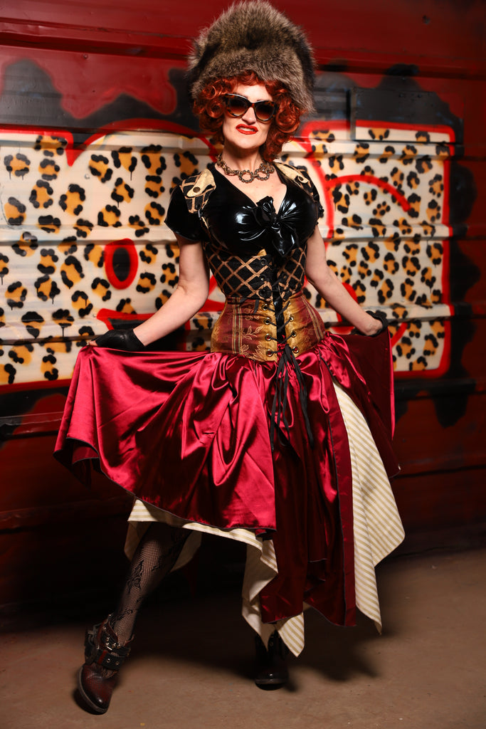 17. Fairy Skirt in Garnet Satin *Shown Layered over Cream Pin Stripe Fairy Skirt* - The Lipstick and Caviar Collection