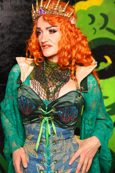 Cropped Courtier in Kale Solid with Shell Patches *PLEASE order by BUST Measurement, NOT waist!* - "Siren's Shanties" Collection