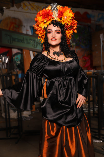 16. Flounce Sleeve in Black Satin - The Artemis Collection