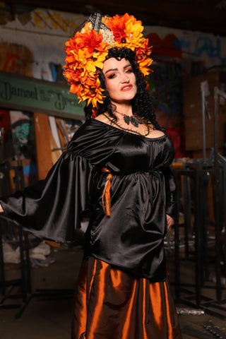 16. Flounce Sleeve in Black Satin - The Artemis Collection