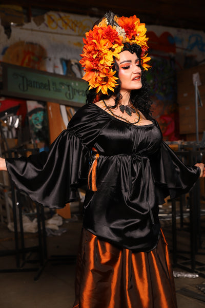 16. Flounce Sleeve in Black Satin - The Artemis Collection
