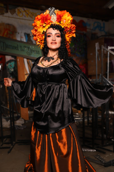 16. Flounce Sleeve in Black Satin - The Artemis Collection