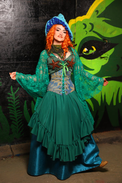 Crescent Skirt w/ruffle in Green Reverse Crepe Satin - "Siren's Shanties" Collection