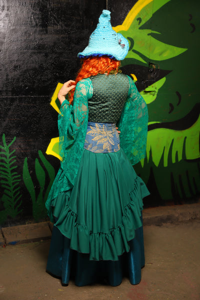 Crescent Skirt w/ruffle in Green Reverse Crepe Satin - "Siren's Shanties" Collection