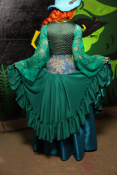 Crescent Skirt w/ruffle in Green Reverse Crepe Satin - "Siren's Shanties" Collection